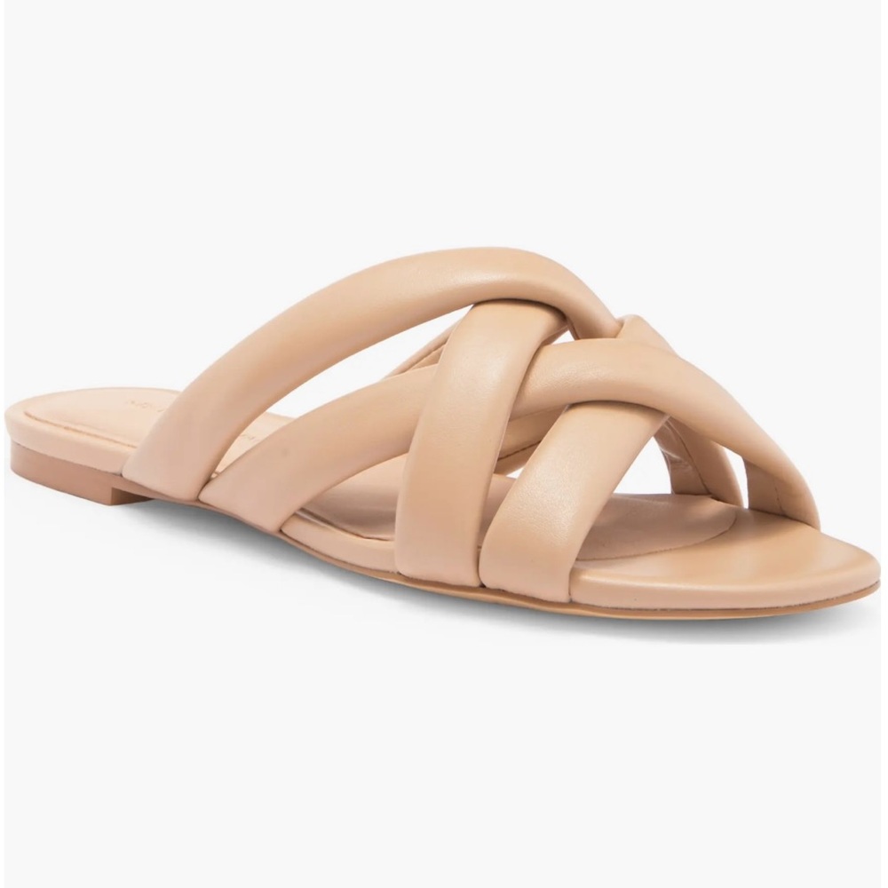 NEW Stuart Weitzman Leather Crossover Slide Sandals in Golden Beige, Size 9.5